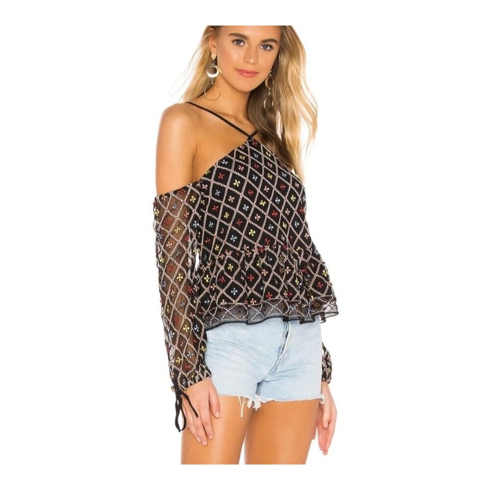 Tularosa Syrah Blouse Black Floral Embroidery Long Sleeve Beaded Peplum Top  XS